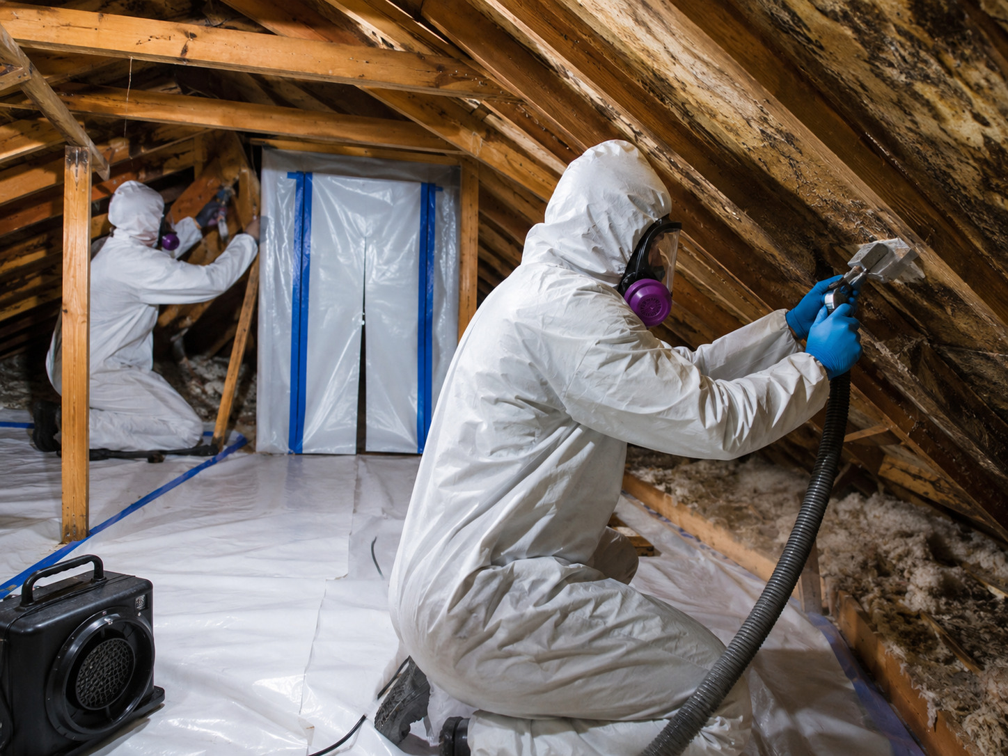 Professional crew removing mold with industrial equipment