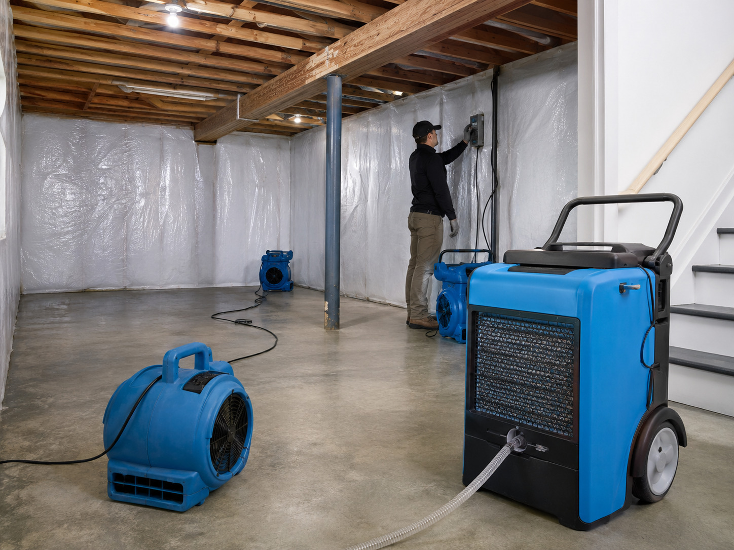 Industrial dehumidifiers and drying equipment in basement