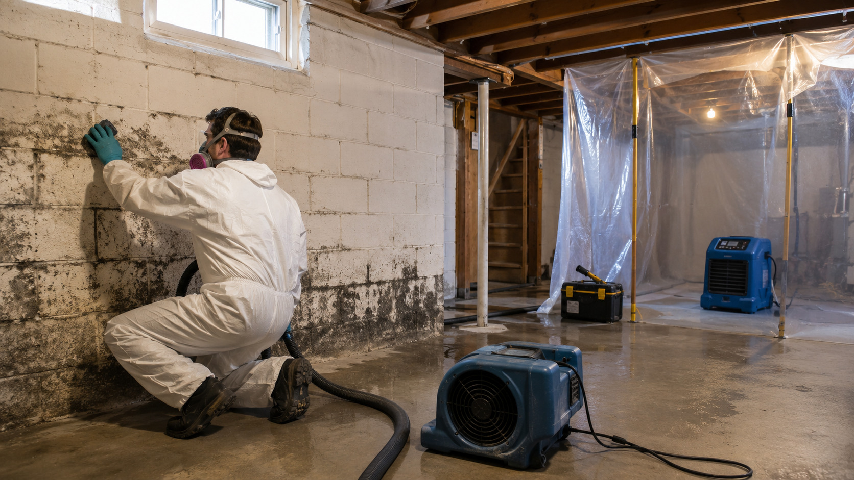 Professional basement mold remediation specialist with equipment