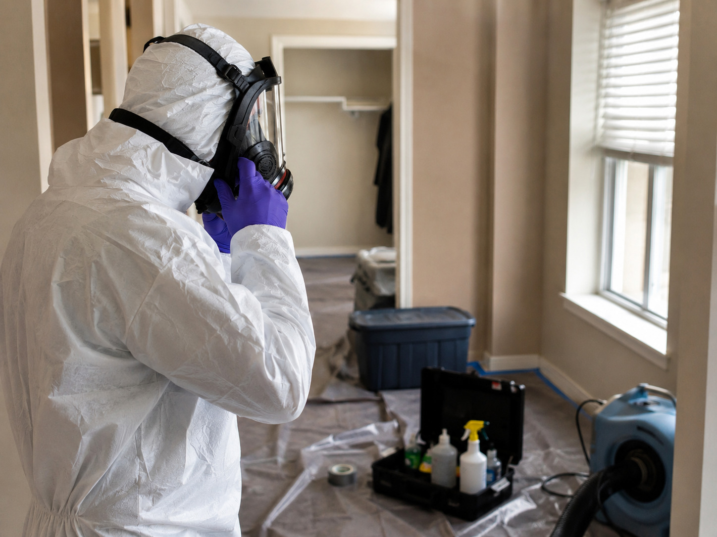HAZWOPER-trained technicians in full biohazard protective equipment
