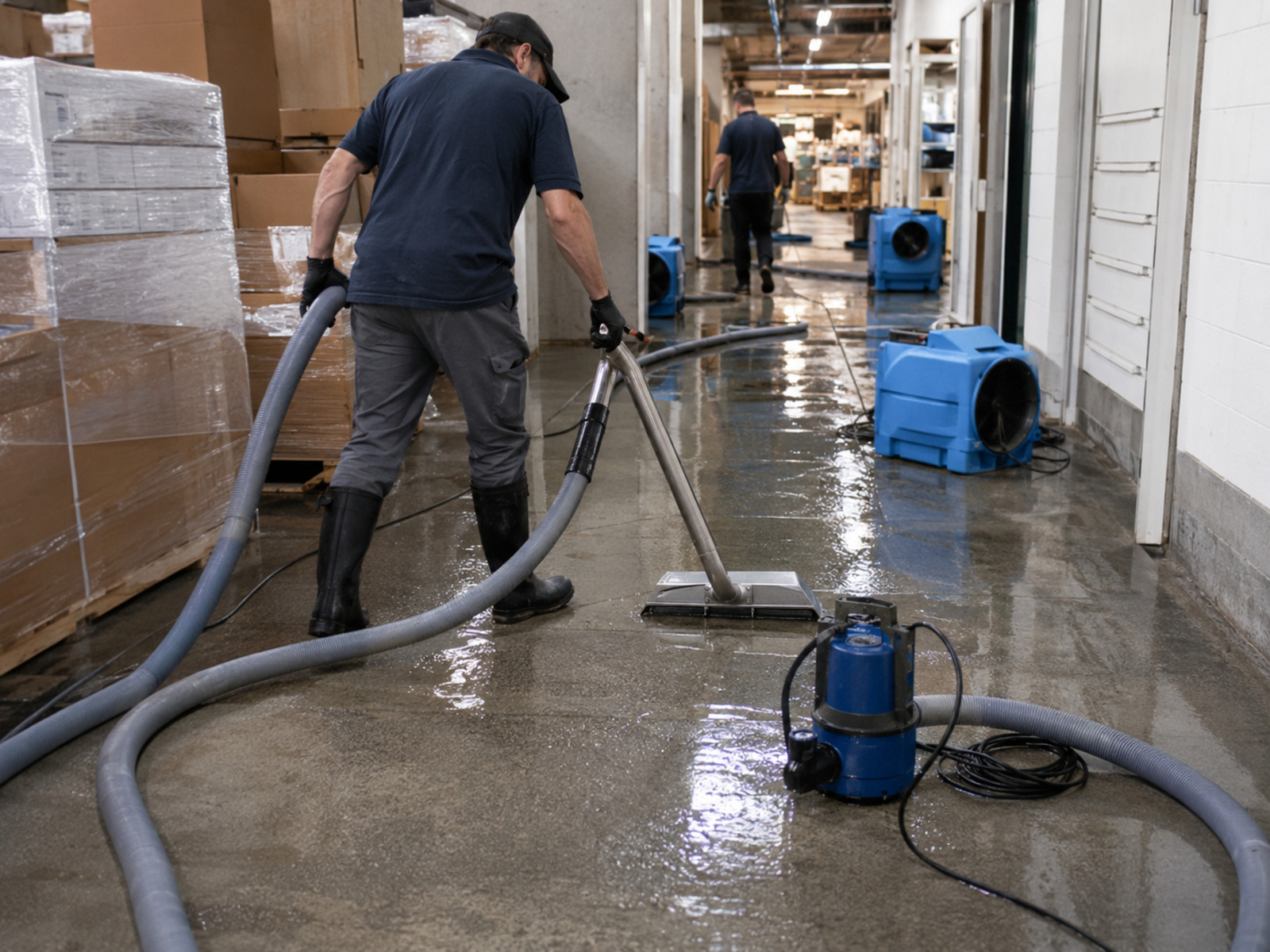 Water extraction and drying after commercial storm damage
