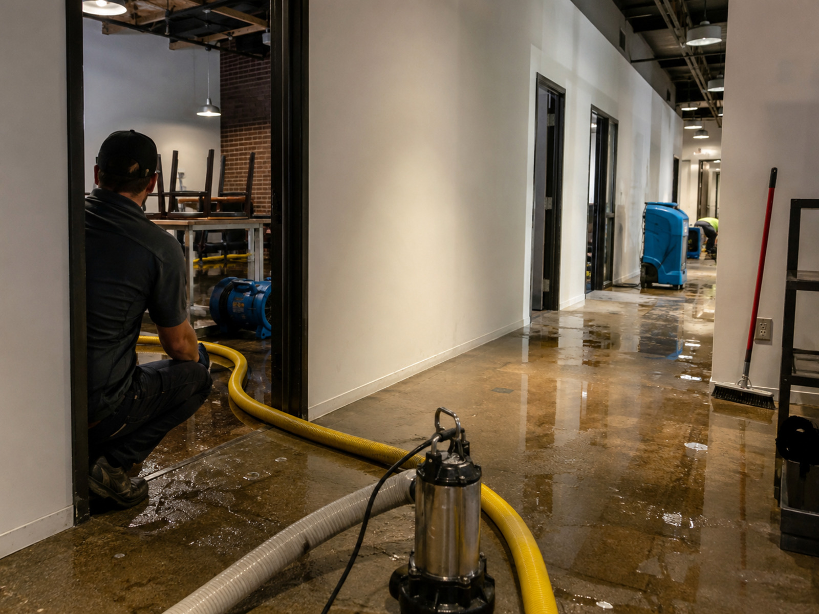 Commercial office building flooded with extensive water damage