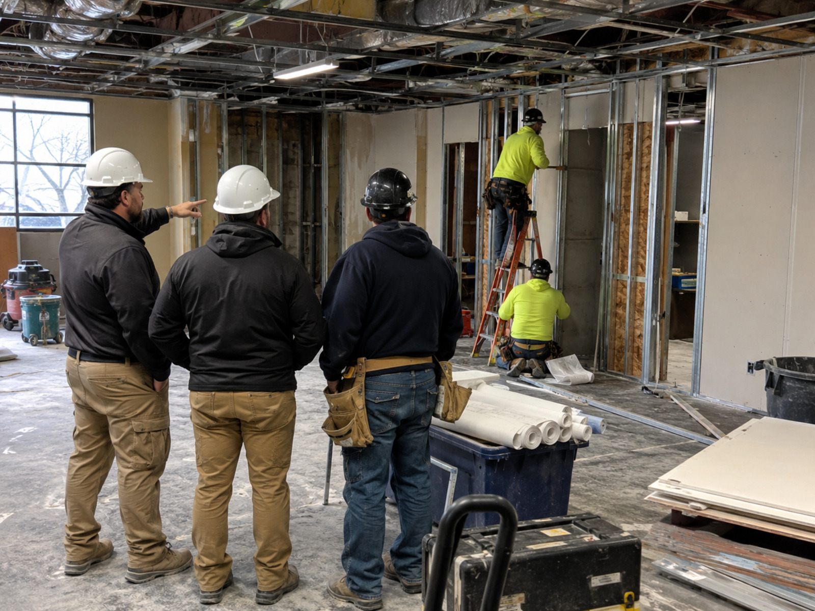 Commercial fire damage restoration crew on site