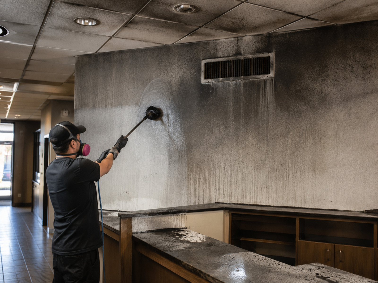 Soot and smoke removal in commercial facility