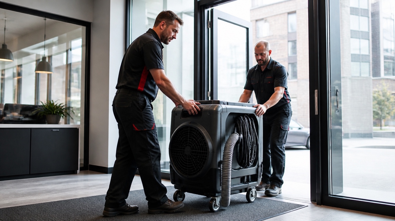 Technicians delivering a commercial HEPA air scrubber into a Rochester office entrance