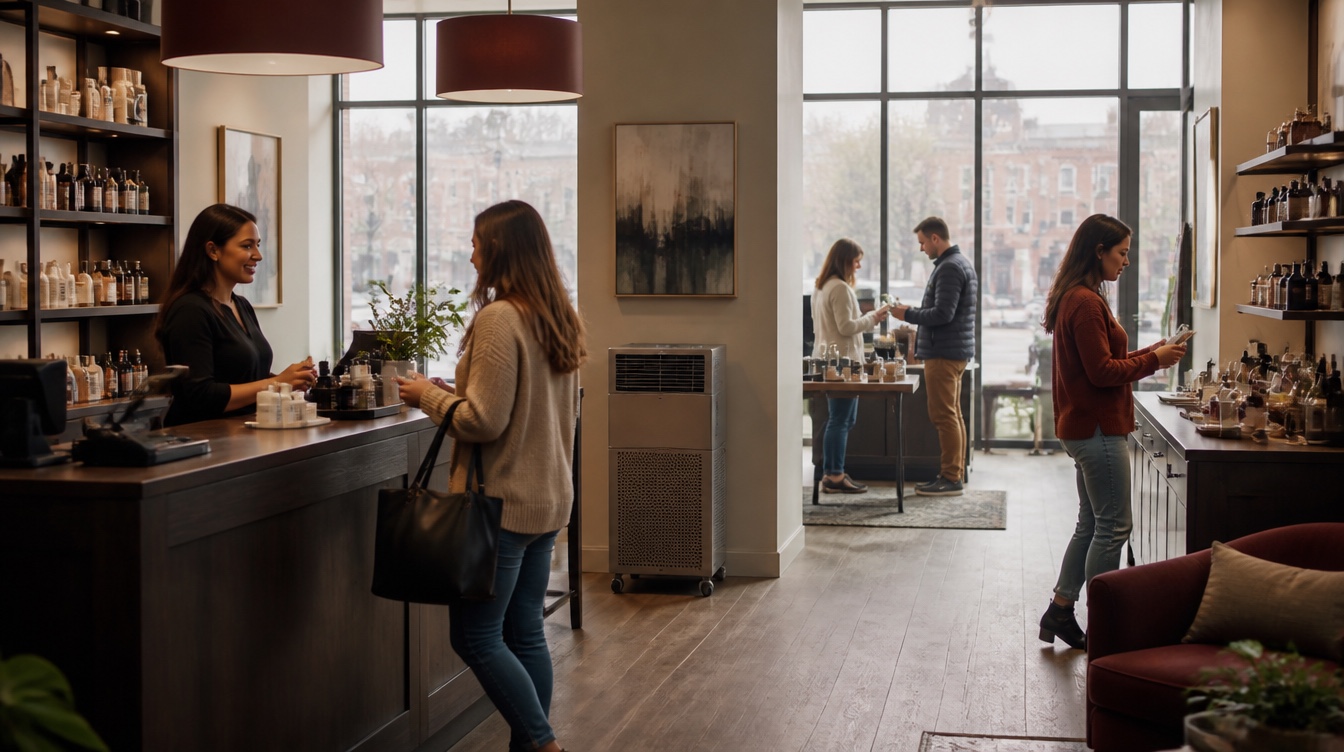 Commercial HEPA filtration unit operating in an occupied retail space during outdoor haze