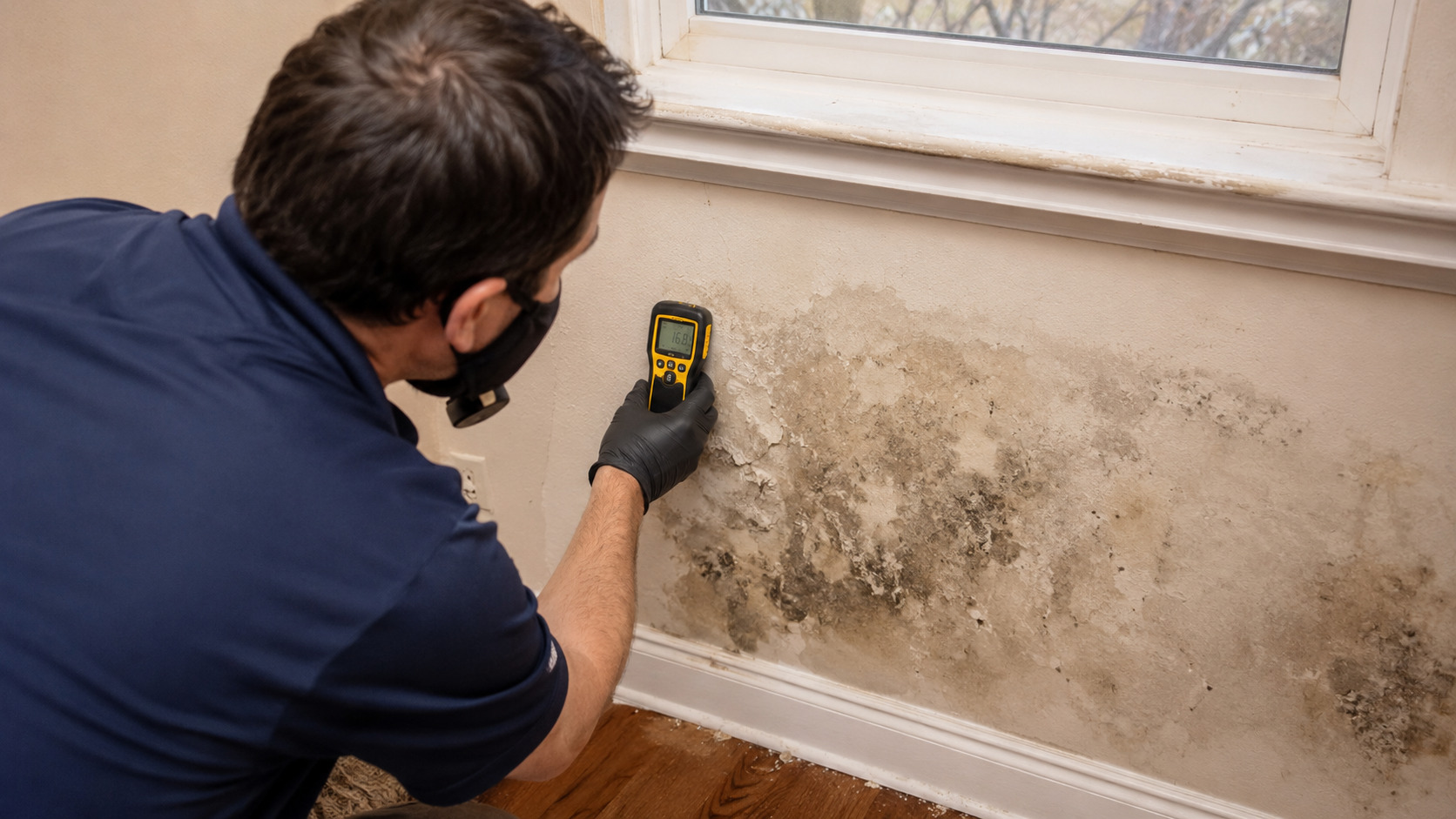 Professional mold inspector using moisture detection equipment