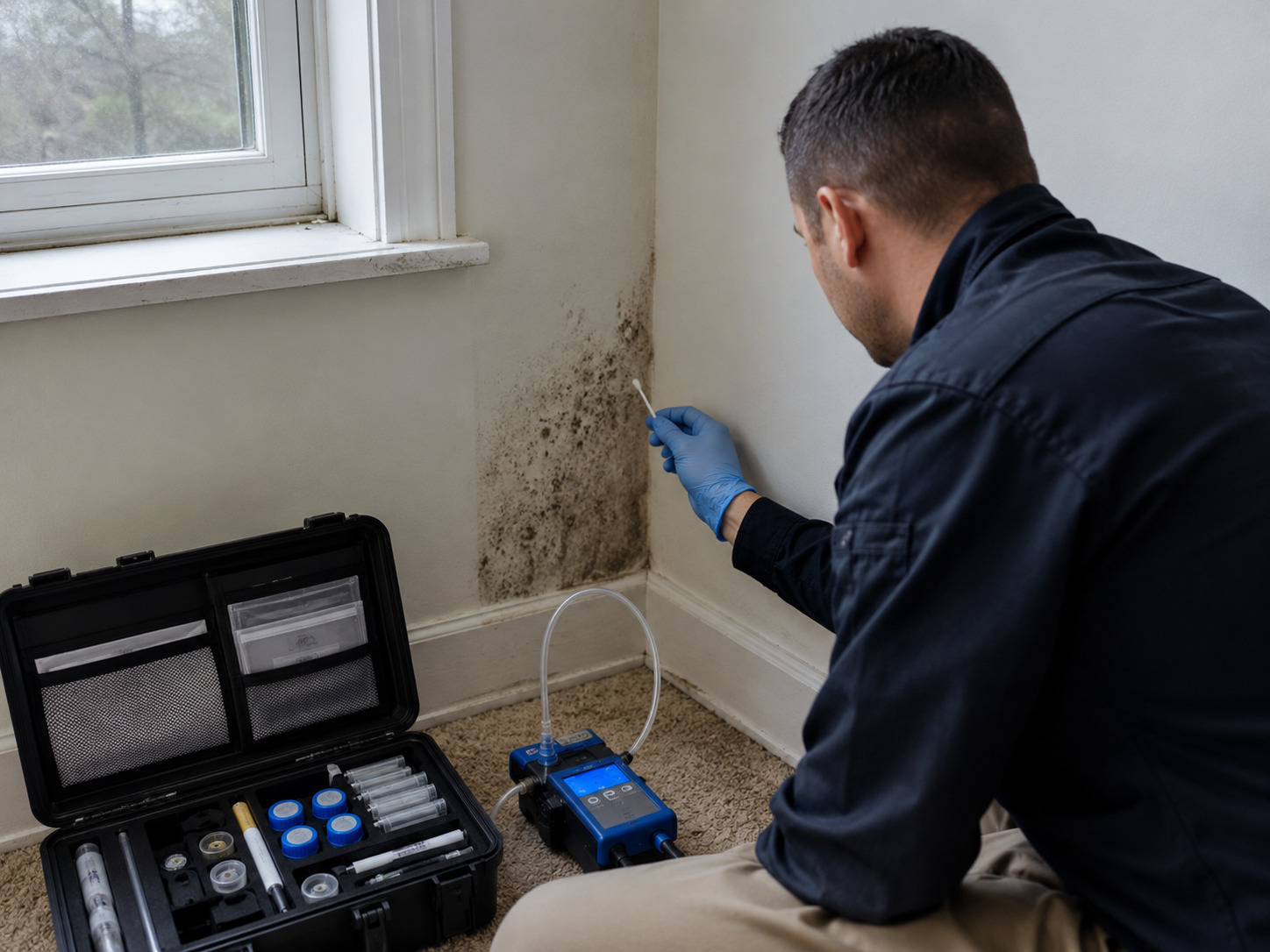 Professional mold inspector examining property for mold growth