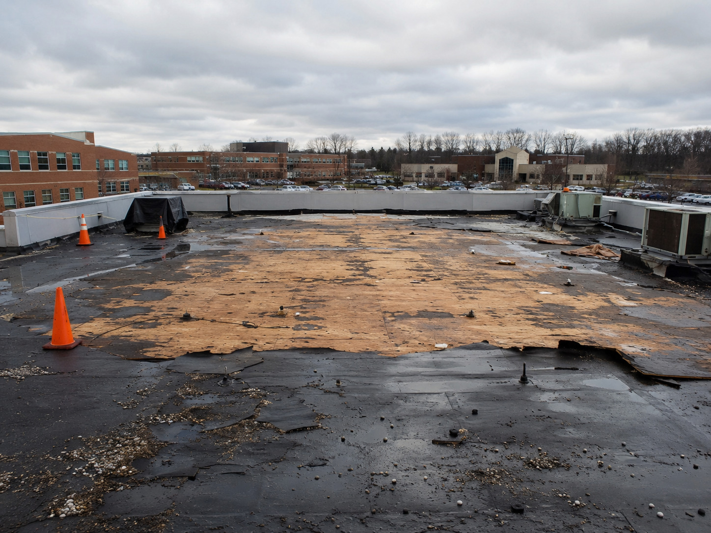 Storm-damaged commercial roof requiring protection