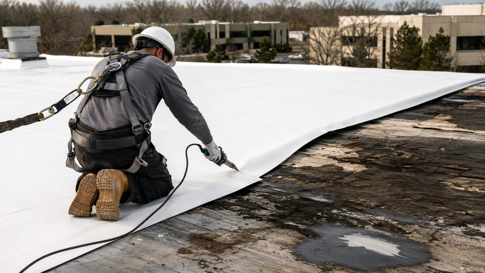 Professional shrink wrap roof protection installation