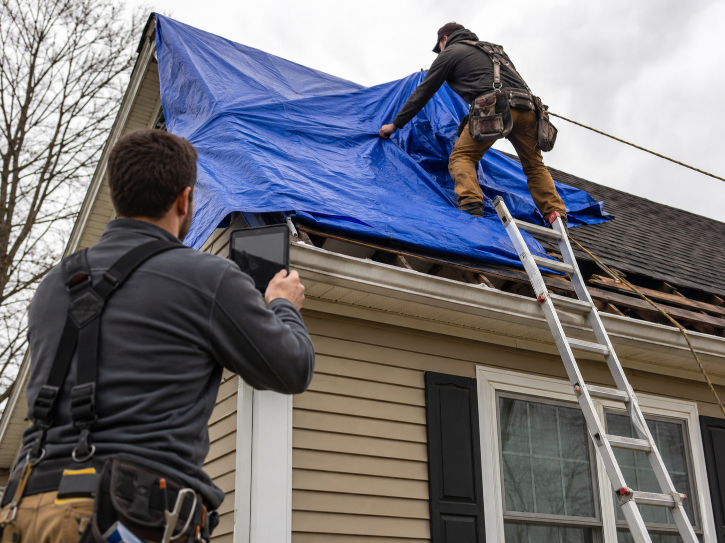 Roof tarping crew
