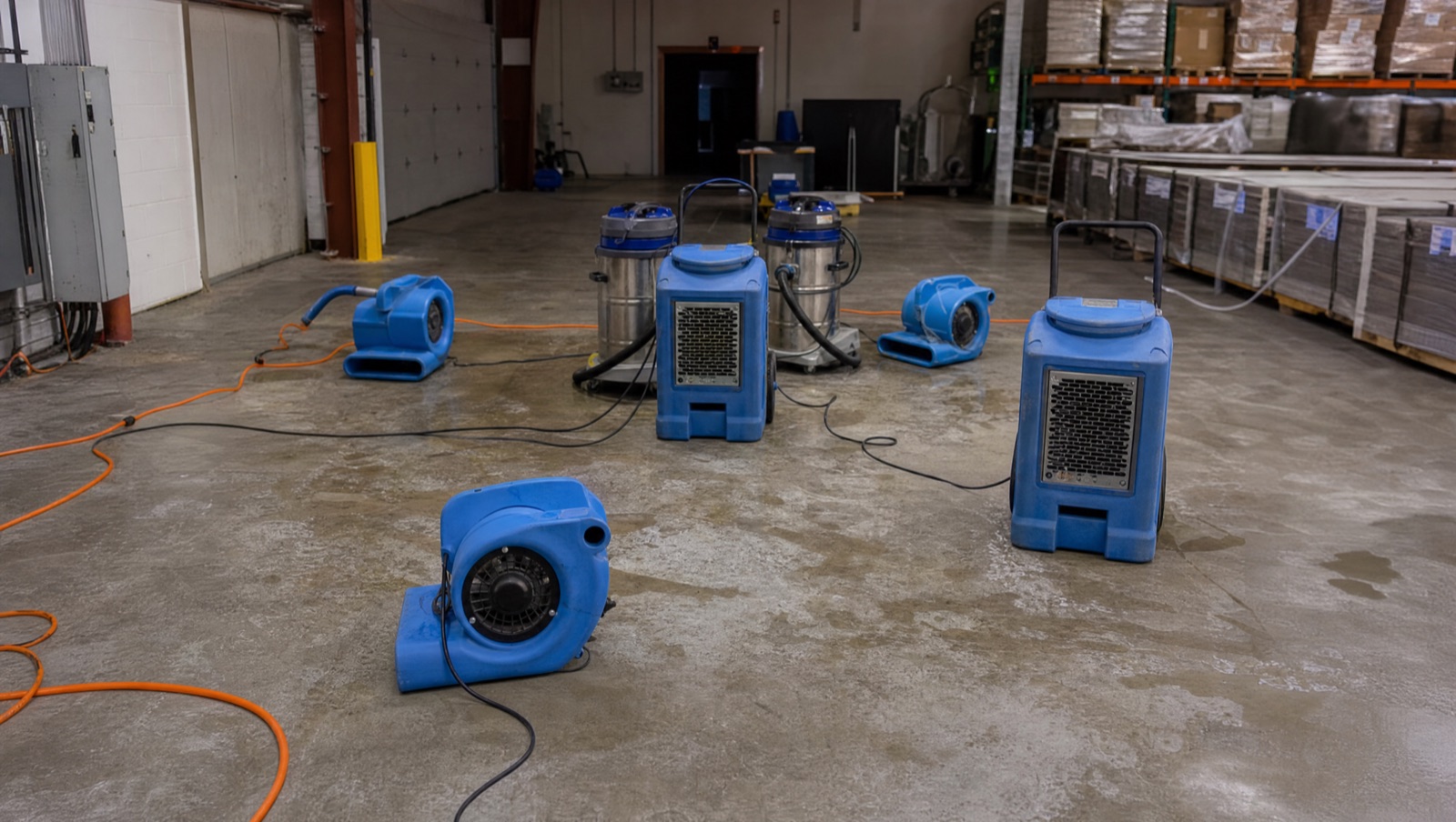 Industrial water extractors, air movers, and dehumidifiers drying a warehouse floor after flooding
