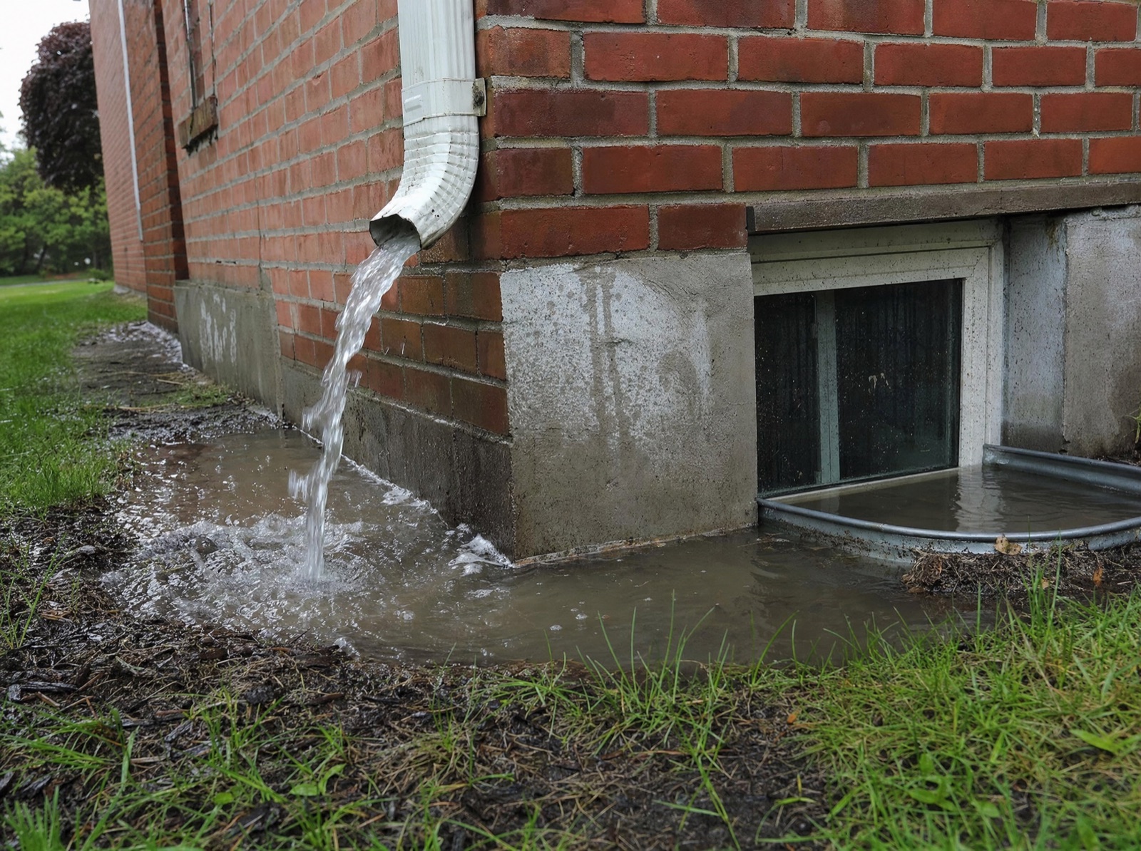 Brick home foundation with overflowing gutter and water pooling at a basement window well