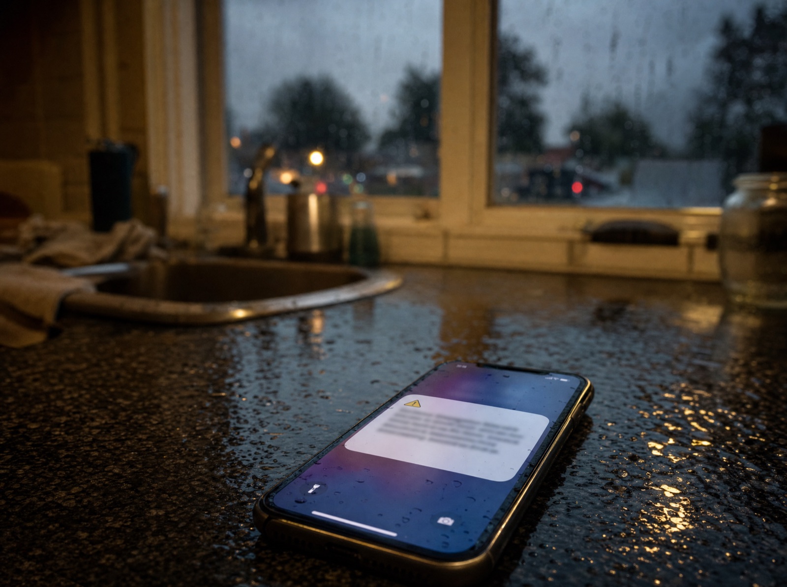 Smartphone on a counter during a storm with an emergency alert style notification