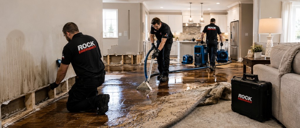 Residential water damage restoration crew responding to an emergency