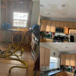 Water damage in kitchen with ceiling